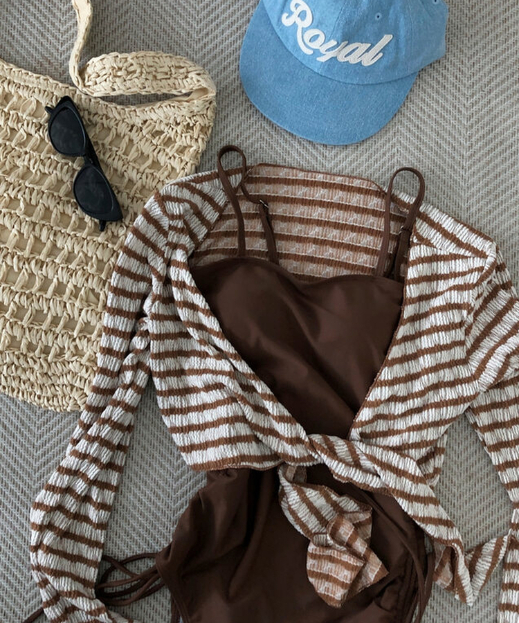【カップ付き】ボーダーモノキニ(5color) BROWN