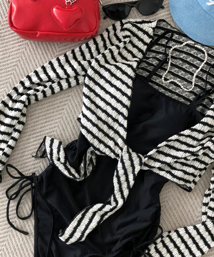 【カップ付き】ボーダーモノキニ(5color) BLACK