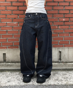 デニム 【丈別】サイドステッチワイドジーンズ DENIM