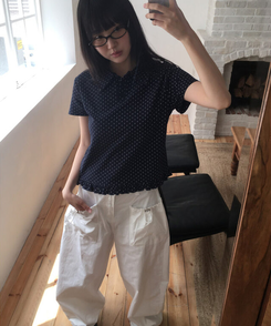 半袖Tシャツ ドットフリル半袖Tシャツ NAVY