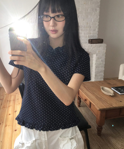 半袖Tシャツ ドットフリル半袖Tシャツ NAVY