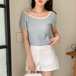 ニット (清楚で華奢見え♥/配色リボンポイント)ルマエル ワッフル配色リボンクロップ半袖ニット SKYBLUE