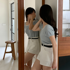 ニット (清楚で華奢見え♥/配色リボンポイント)ルマエル ワッフル配色リボンクロップ半袖ニット SKYBLUE