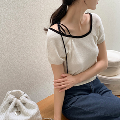 ニット (清楚で華奢見え♥/配色リボンポイント)ルマエル ワッフル配色リボンクロップ半袖ニット CREAM