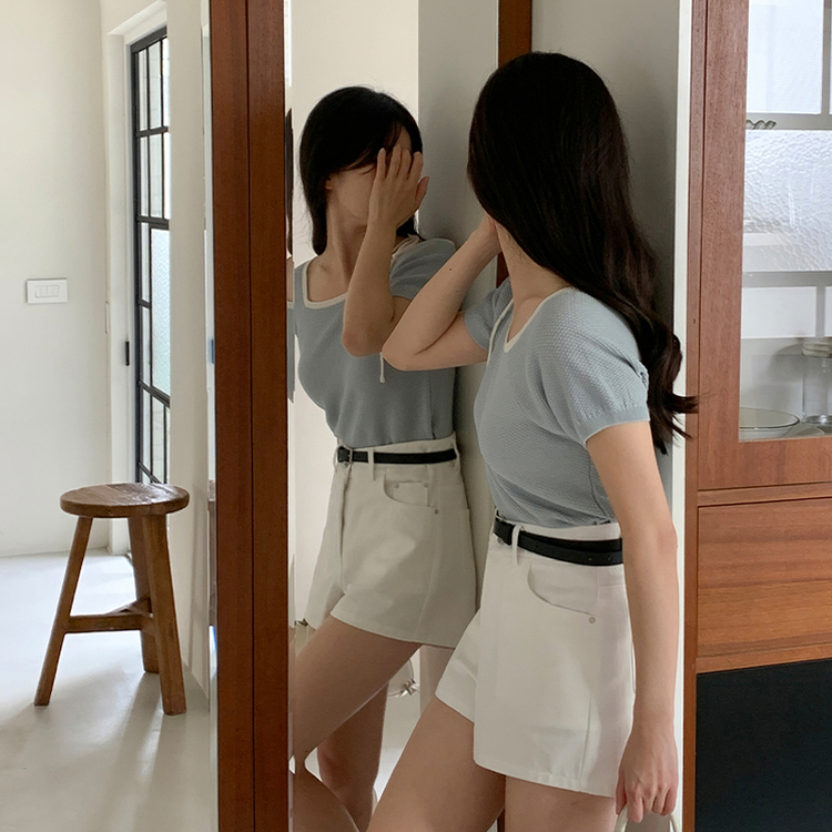 （清楚で華奢見え♥／配色リボンポイント）ルマエル ワッフル配色リボンクロップ半袖ニット SKYBLUE