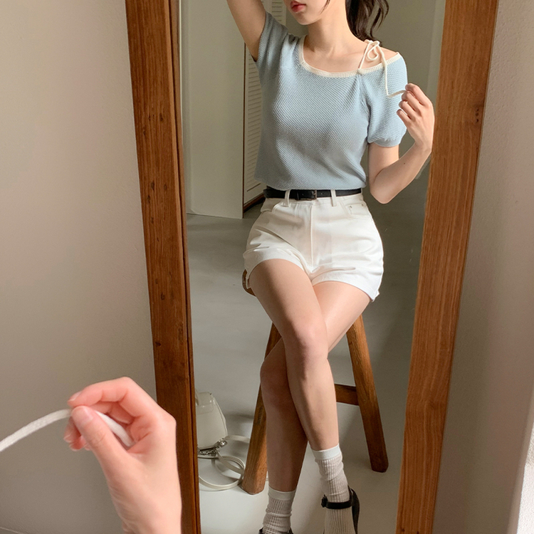 （清楚で華奢見え♥／配色リボンポイント）ルマエル ワッフル配色リボンクロップ半袖ニット SKYBLUE