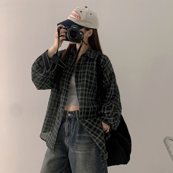 シャツ シースルーチェックシャツ KHAKI