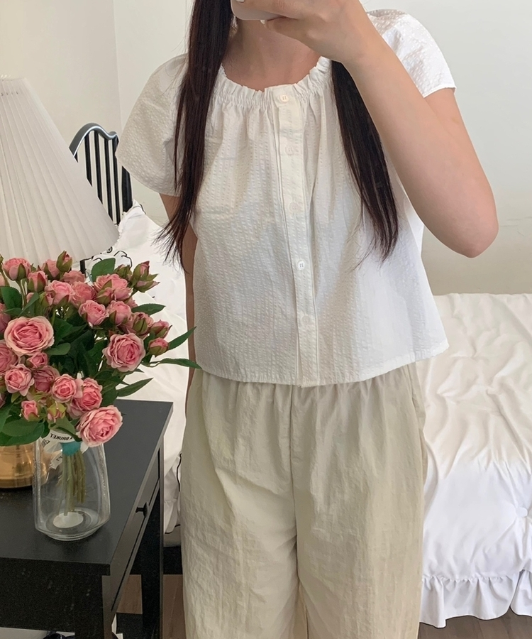 シャーリングストライプブラウス IVORY