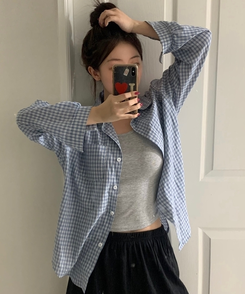 シャツ 【SET】キャミソール ルーズチェックシャツ SKY BLUE