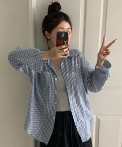シャツ 【SET】キャミソール ルーズチェックシャツ SKY BLUE