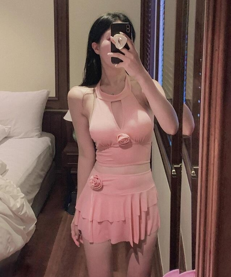 【SET】コサージュホールタービキニ スカート PINK