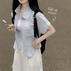 ストライプロールアップ半袖シャツ BLUE