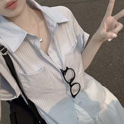 ストライプロールアップ半袖シャツ BLUE