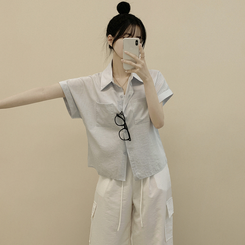 ストライプロールアップ半袖シャツ BLUE