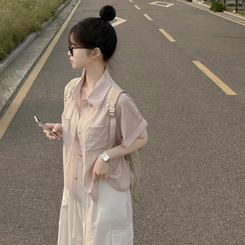 ストライプロールアップ半袖シャツ PINK