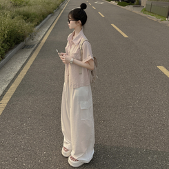 ストライプロールアップ半袖シャツ PINK