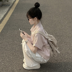 ストライプロールアップ半袖シャツ PINK