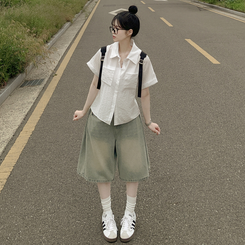 ストライプロールアップ半袖シャツ WHITE