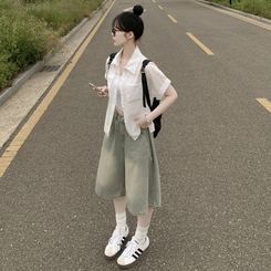 ストライプロールアップ半袖シャツ WHITE