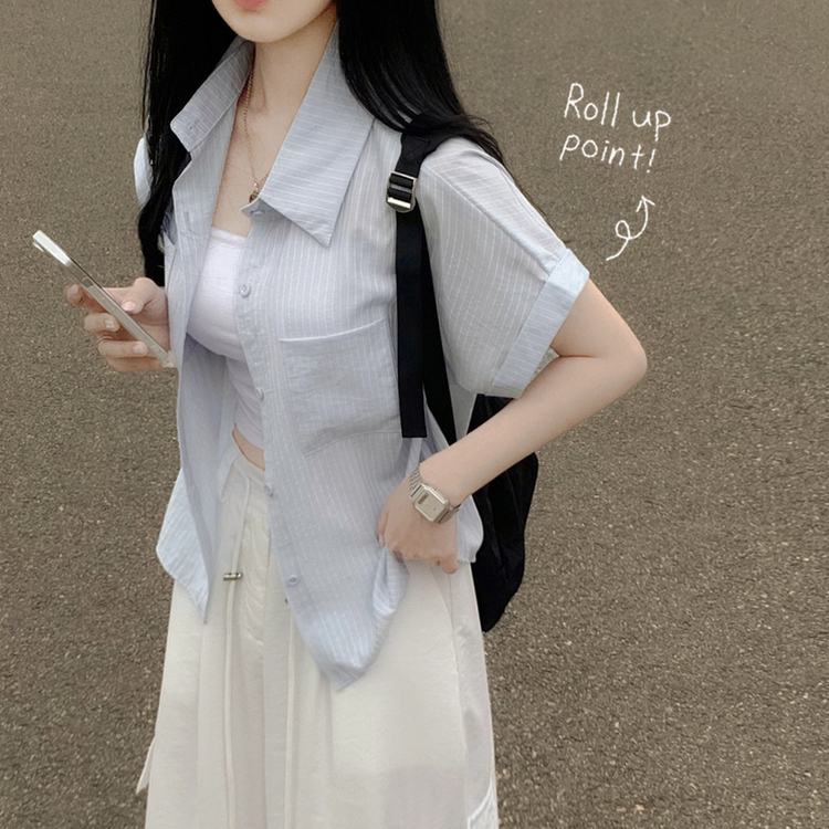 ストライプロールアップ半袖シャツ BLUE