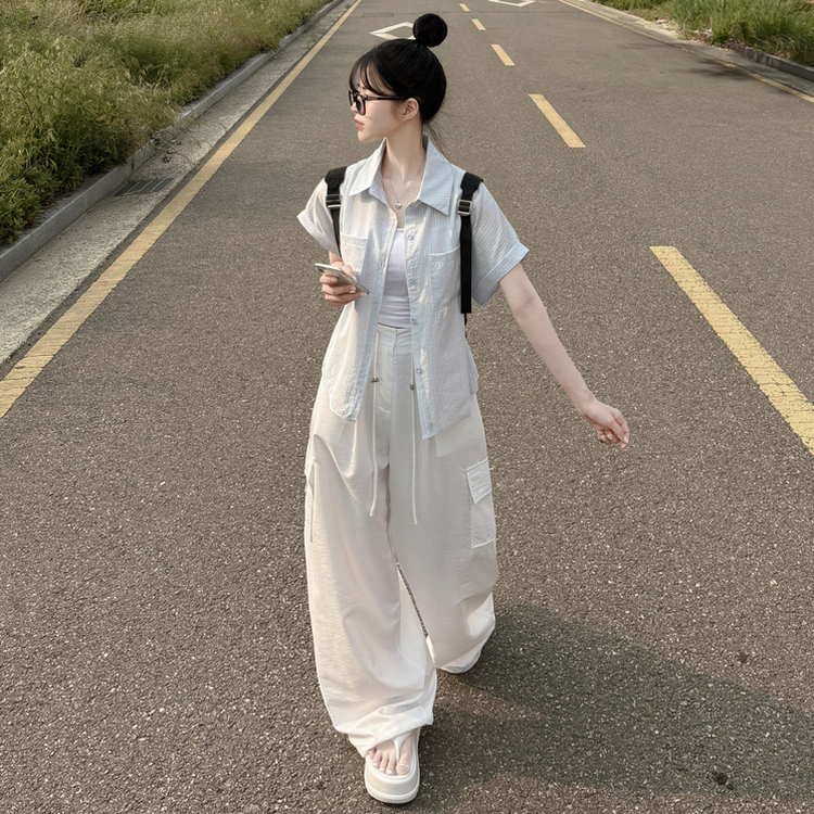 ストライプロールアップ半袖シャツ BLUE