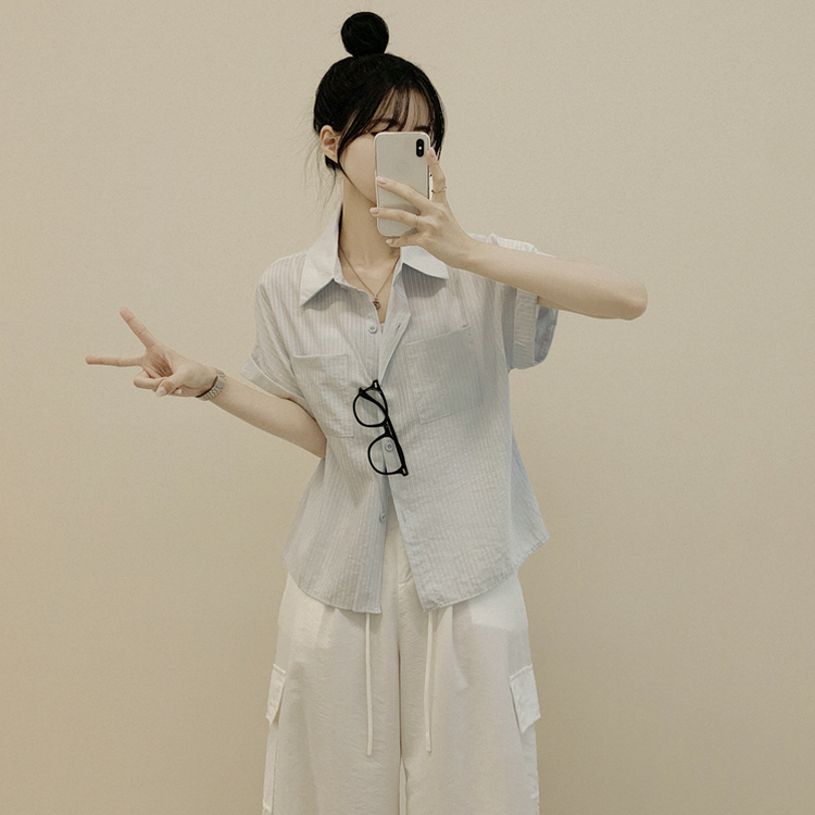 ストライプロールアップ半袖シャツ BLUE