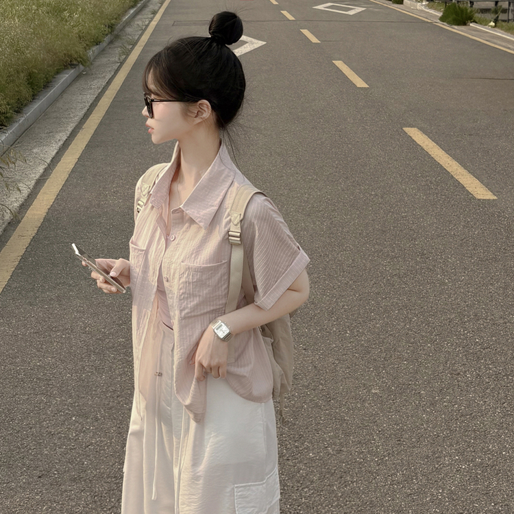 ストライプロールアップ半袖シャツ PINK