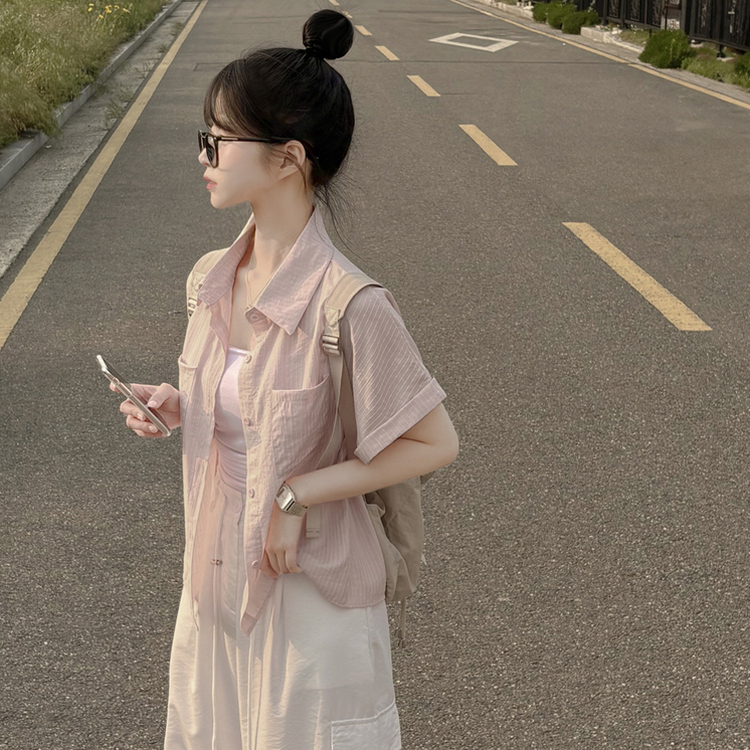 ストライプロールアップ半袖シャツ PINK