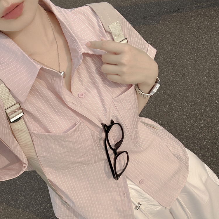 ストライプロールアップ半袖シャツ PINK