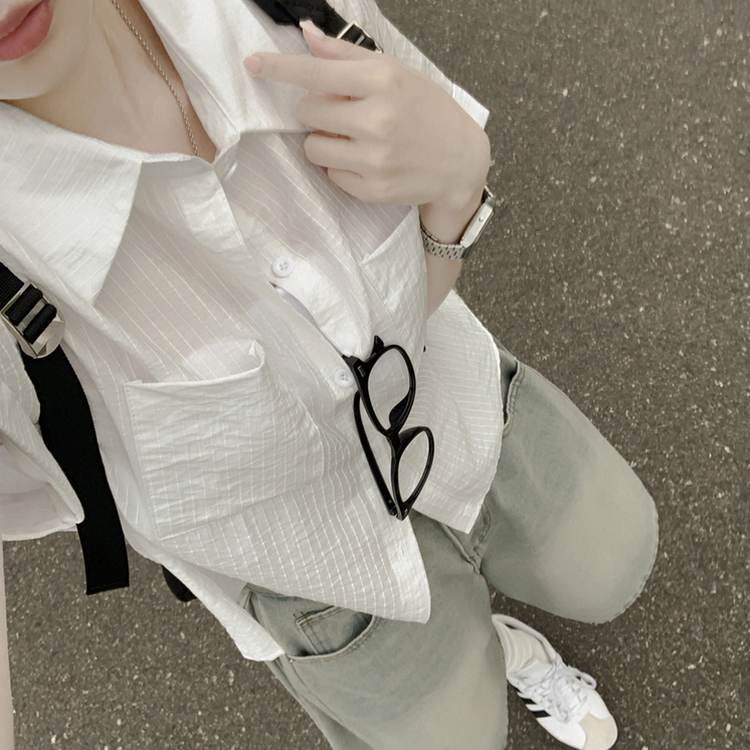 ストライプロールアップ半袖シャツ WHITE