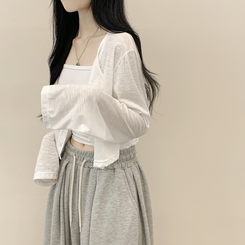 [살탐방지/시원한소재] 슬라브 은은한 시스루 버튼 라운드넥 루즈핏 크롭 긴팔 여름가디건 햇빛차단 장마룩 아이보리