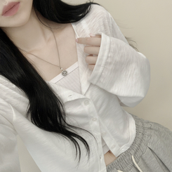 [살탐방지/시원한소재] 슬라브 은은한 시스루 버튼 라운드넥 루즈핏 크롭 긴팔 여름가디건 햇빛차단 장마룩 아이보리