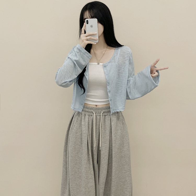 [살탐방지/시원한소재] 슬라브 은은한 시스루 버튼 라운드넥 루즈핏 크롭 긴팔 여름가디건 햇빛차단 장마룩 민트