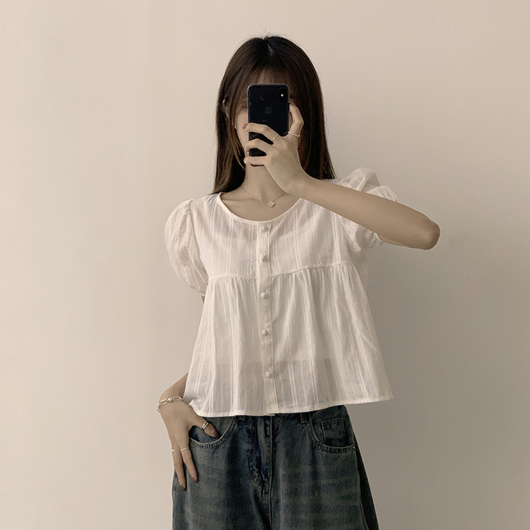 ラウンドボタンフリル半袖ブラウス WHITE