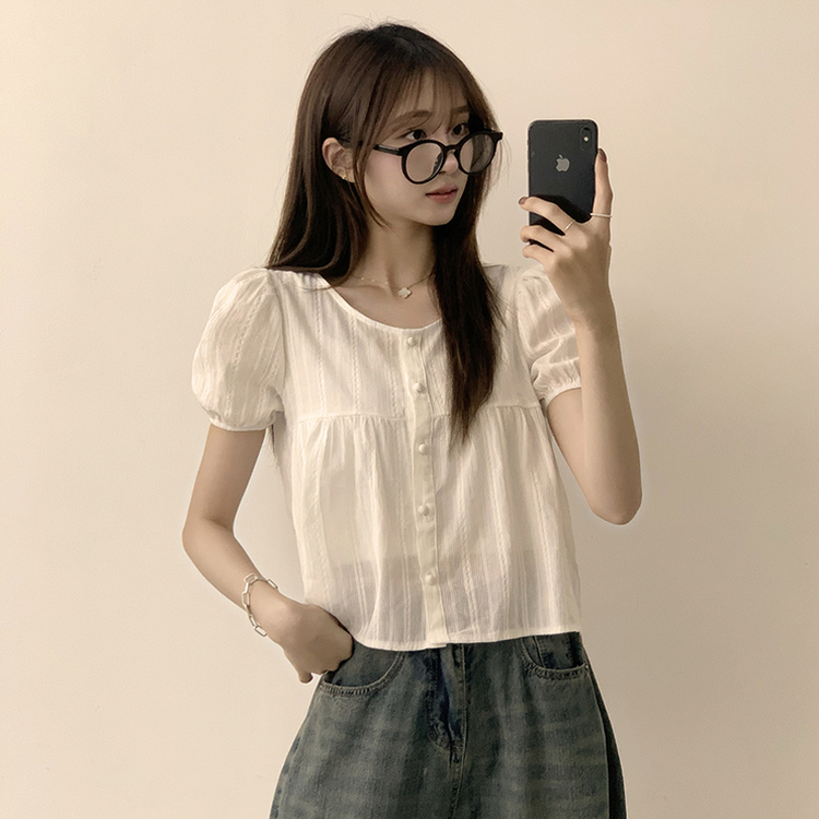 ラウンドボタンフリル半袖ブラウス WHITE