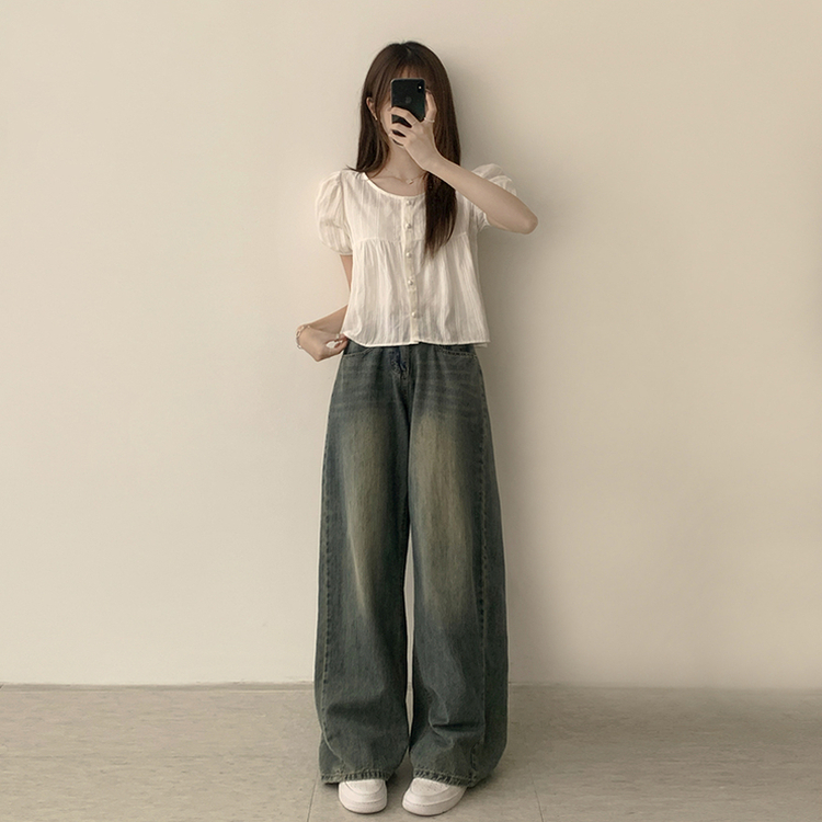 ラウンドボタンフリル半袖ブラウス WHITE