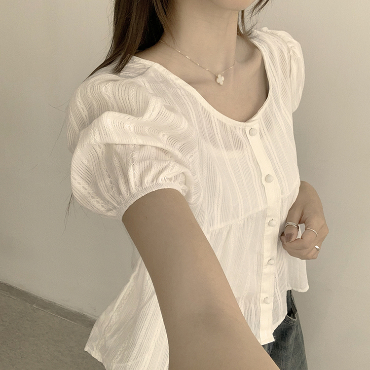 ラウンドボタンフリル半袖ブラウス WHITE