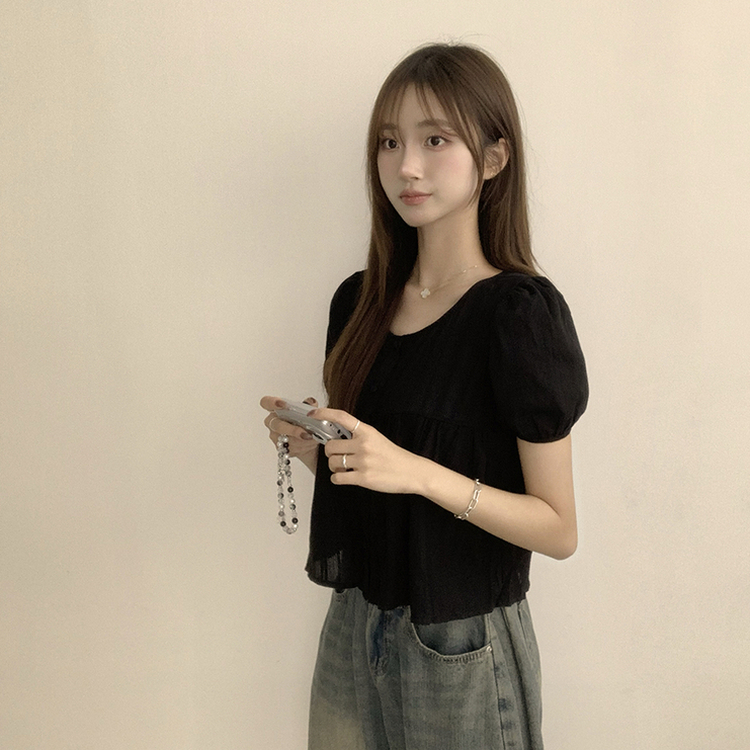 ラウンドボタンフリル半袖ブラウス BLACK