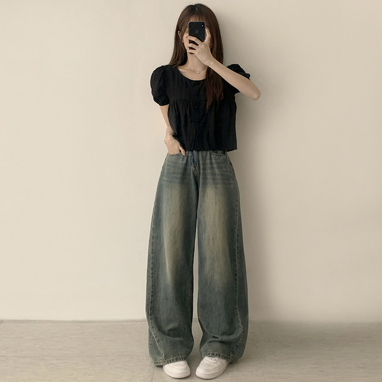 ラウンドボタンフリル半袖ブラウス BLACK