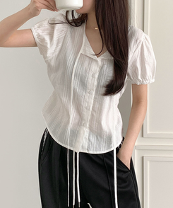 ブラウス レースリボンパフ半袖ブラウス WHITE