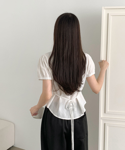 ブラウス レースリボンパフ半袖ブラウス WHITE