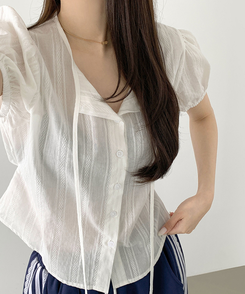 ブラウス レースリボンパフ半袖ブラウス WHITE