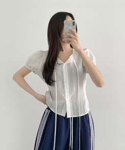 ブラウス レースリボンパフ半袖ブラウス WHITE