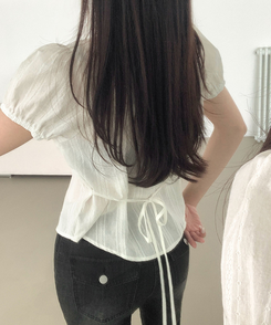 ブラウス レースリボンパフ半袖ブラウス WHITE