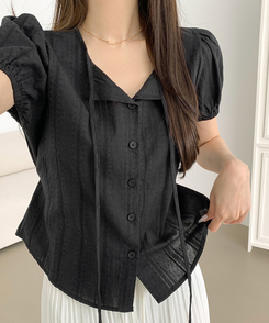 ブラウス レースリボンパフ半袖ブラウス BLACK