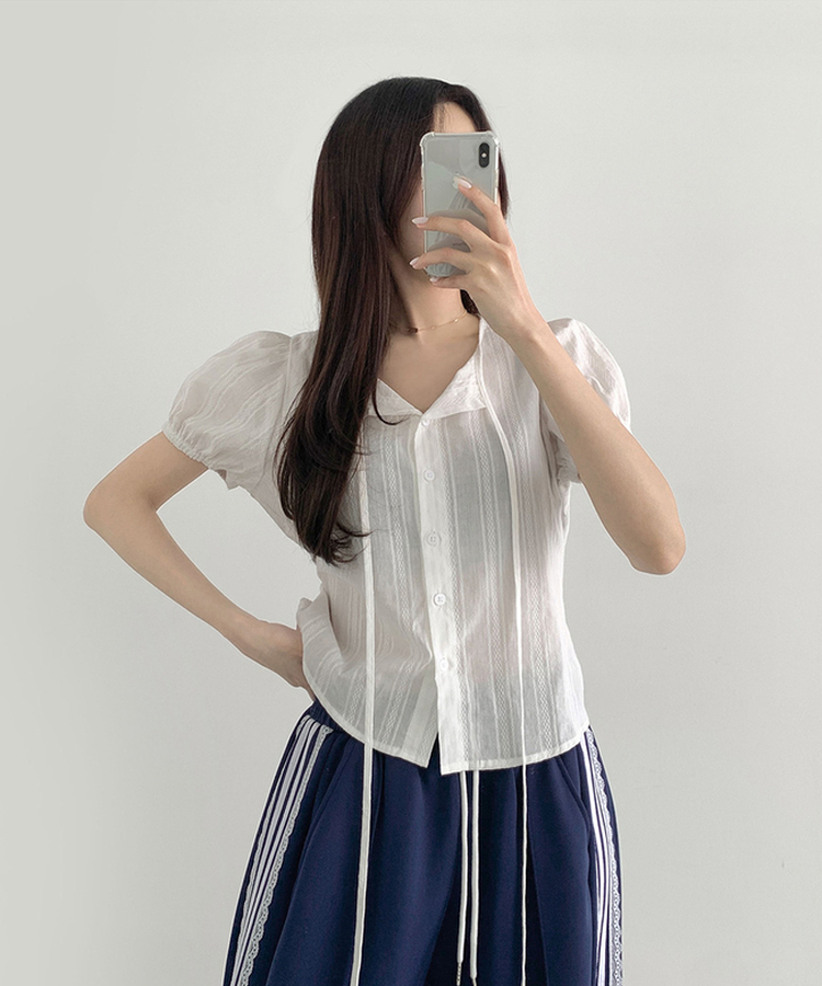 レースリボンパフ半袖ブラウス WHITE