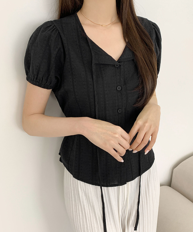 ブラウス レースリボンパフ半袖ブラウス BLACK