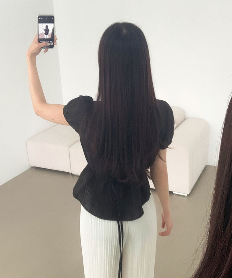 レースリボンパフ半袖ブラウス BLACK