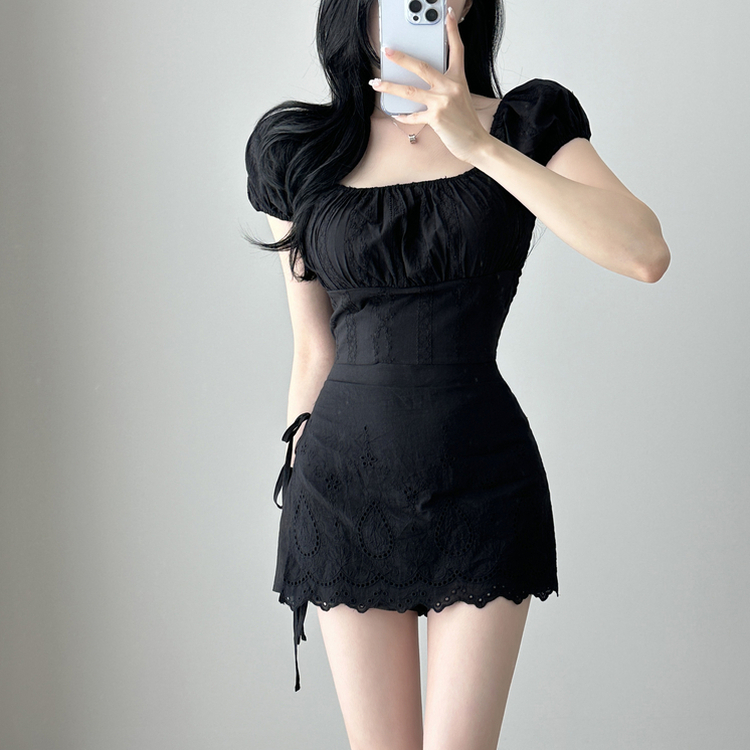 パンチングストラップミニスカートパンツ BLACK