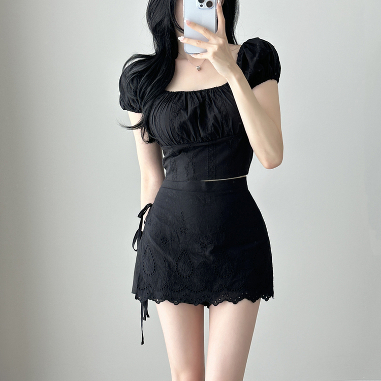 パンチングストラップミニスカートパンツ BLACK